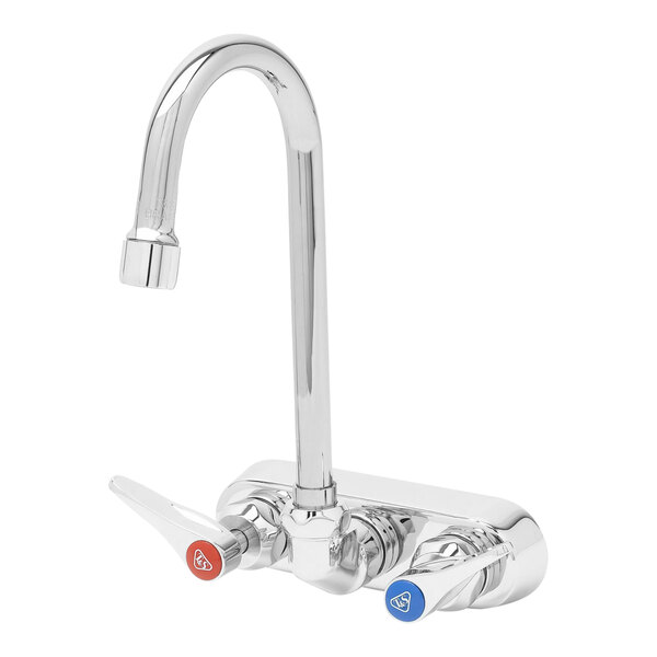 A T&S chrome wall-mounted faucet with two gooseneck spouts and lever handles with blue accents.