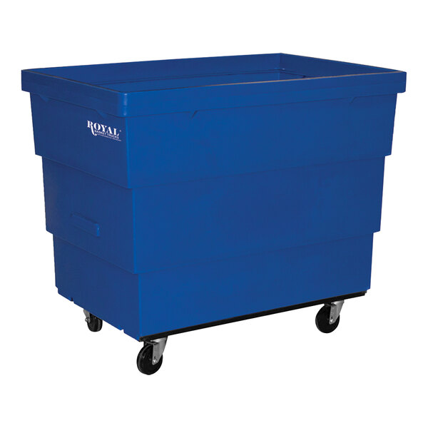 A blue plastic Royal Basket Trucks recycle cart on wheels.