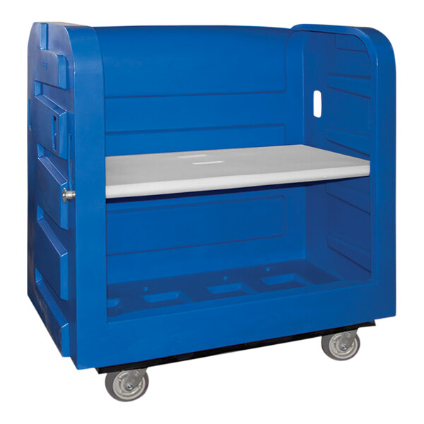 A blue Royal Basket Trucks turnabout bulk transport truck with white plastic shelf and casters.