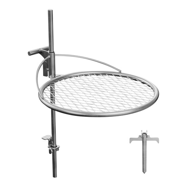 A BREEO stainless steel grill grate with a metal hook and stand.
