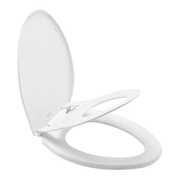 A white Mayfair elongated plastic toilet seat with a lid up.
