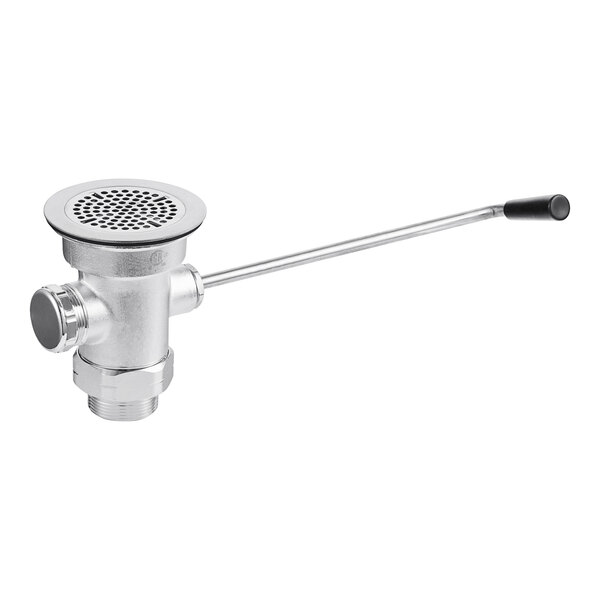 A stainless steel T&S waste valve with a metal handle.