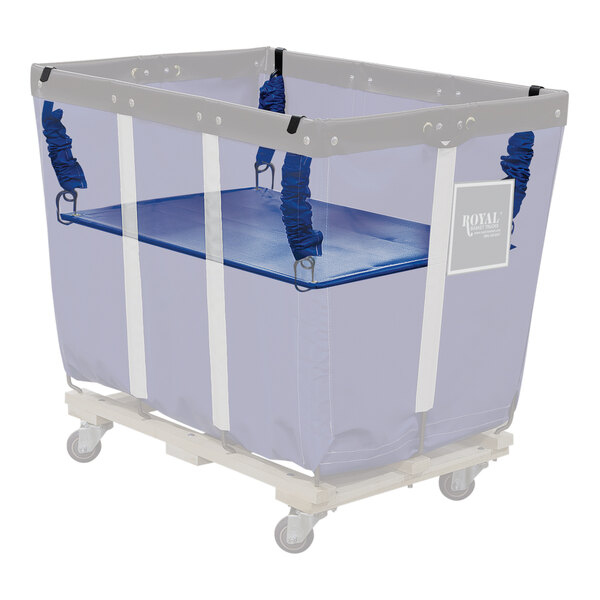 A blue Royal Basket truck spring lift attached to a white fabric container on wheels.