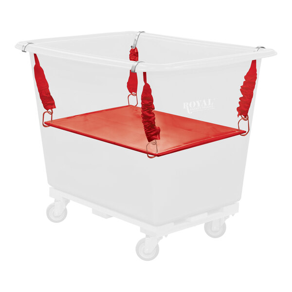 A red plastic tub with a red spring lift on wheels.