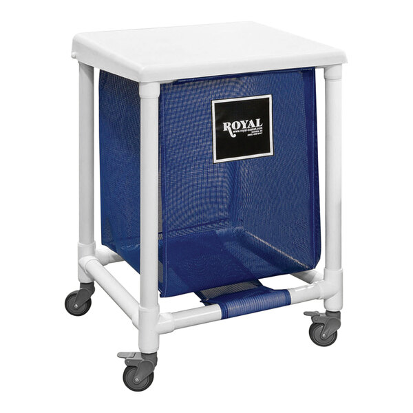 A blue and white Royal Basket laundry hamper on wheels.