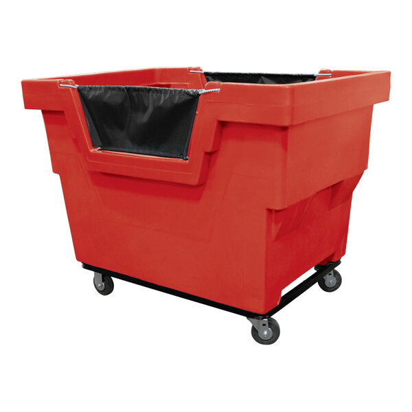 A large red plastic bin with black swivel casters.