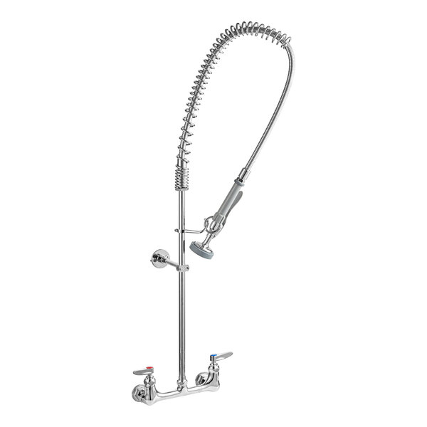 A silver T&S wall-mounted pre-rinse faucet with a hose and sprayer.
