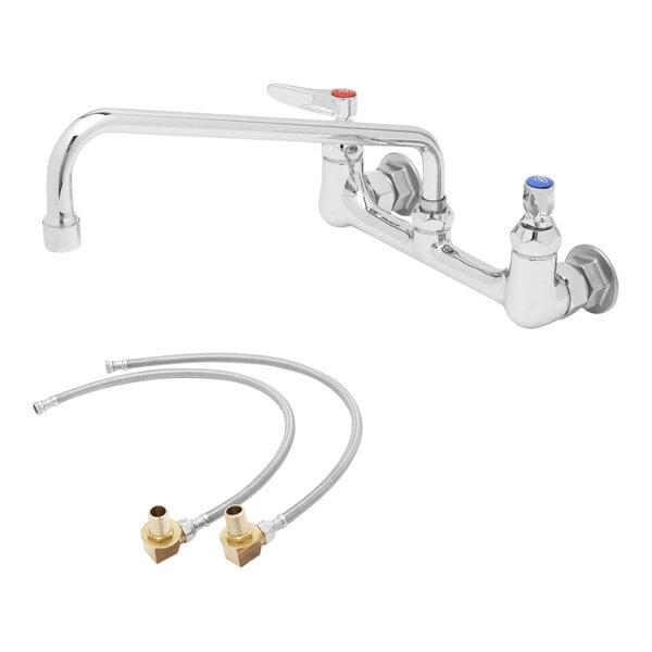 A chrome T&S wall-mounted faucet with two hoses and a 12" swing nozzle.