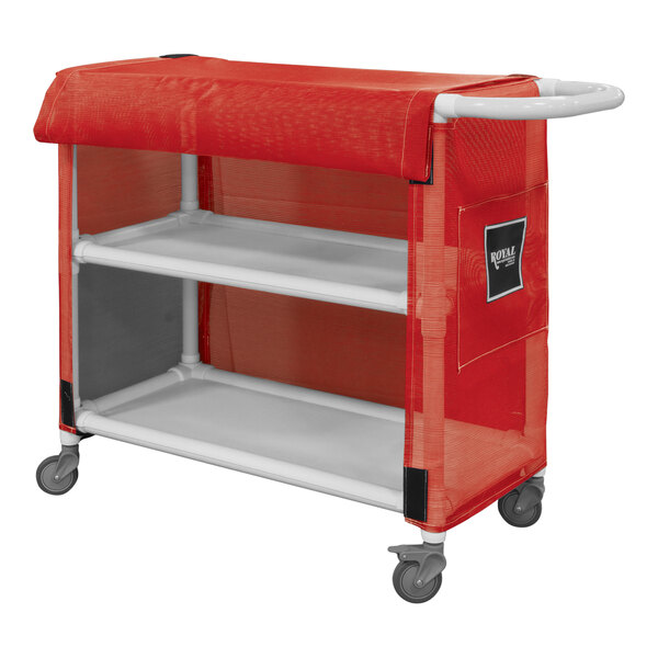 A red Royal Basket Trucks linen cart with white shelves and a white cover.