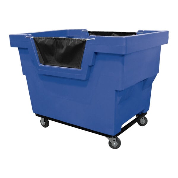A large blue plastic bin with black wheels.