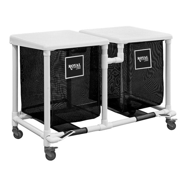 Two black Royal Basket Trucks double compartment hampers with foot pedals.