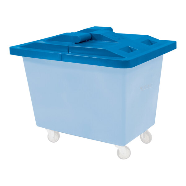 A blue plastic hinged lid for a Royal Basket Truck.