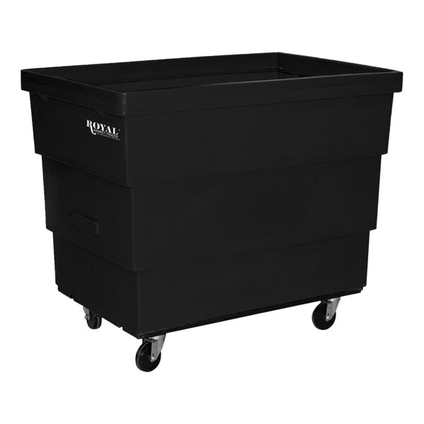 A black plastic bin on wheels with 2 rigid and 2 swivel casters.