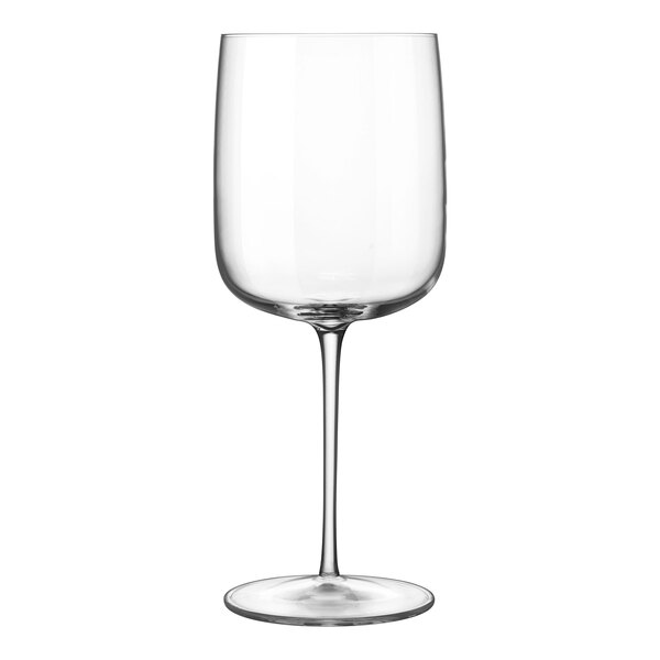 A close-up of a Luigi Bormioli Vinalia Barolo wine glass with a clear stem.