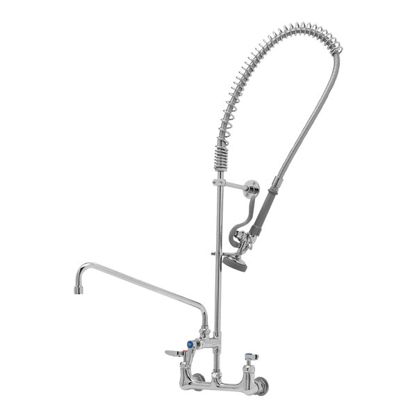 A T&S wall-mounted pre-rinse faucet with a hose.