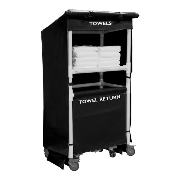A black Royal Basket Trucks laundry cart with towels on it.