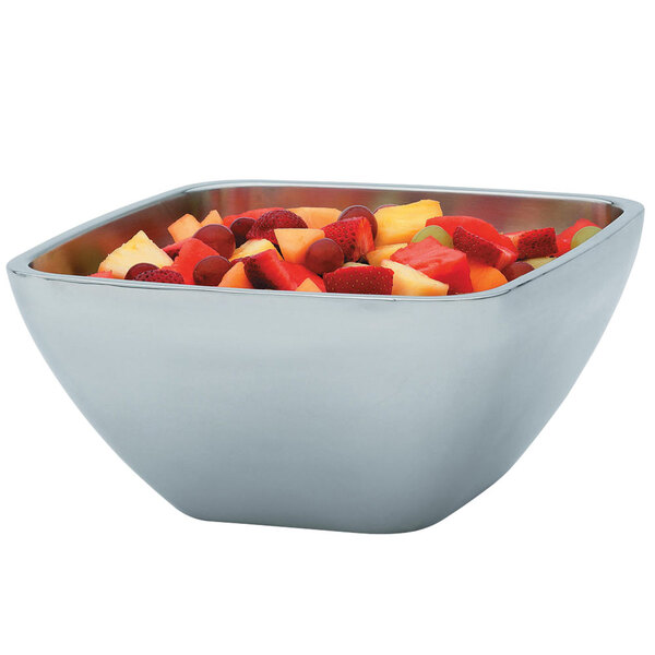 A Vollrath metal square serving bowl filled with fruit and vegetables.