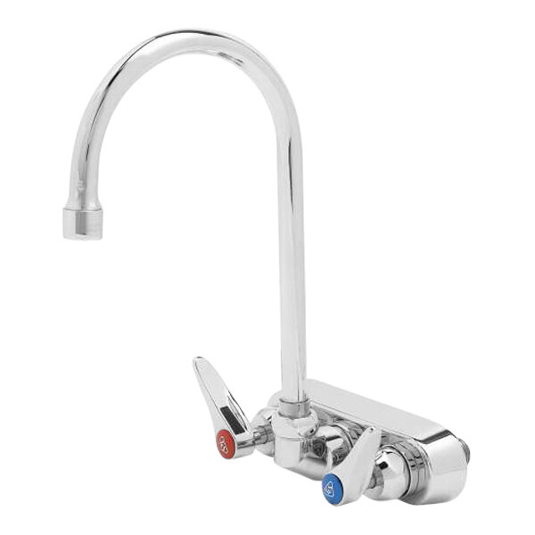 A T&S chrome wall-mounted faucet with gooseneck spout and lever handles.
