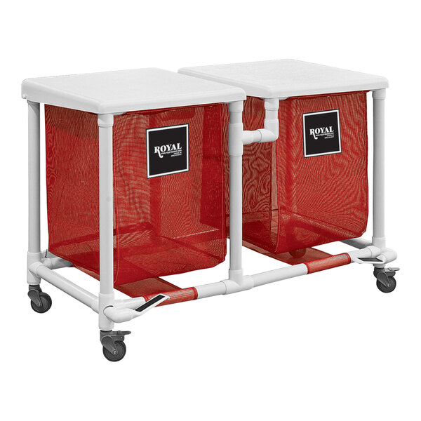 A red Royal Basket Trucks double compartment laundry hamper with foot pedal.