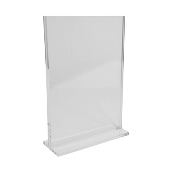 A clear acrylic vertical sign holder with a clear plastic sign in it.