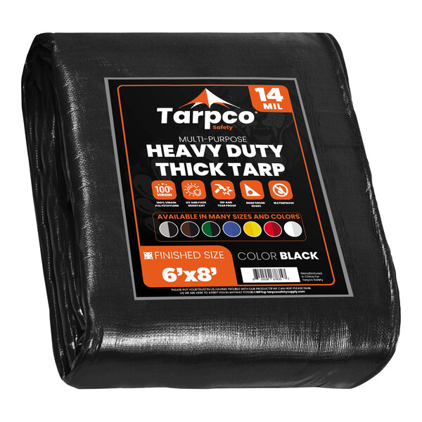A black Tarpco Heavy-Duty Poly Tarp with reinforced edges.