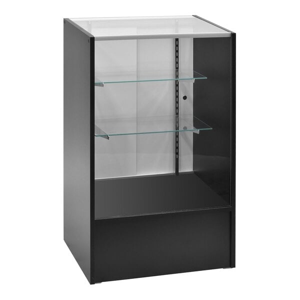 A black display case with adjustable glass shelves and a sliding door.