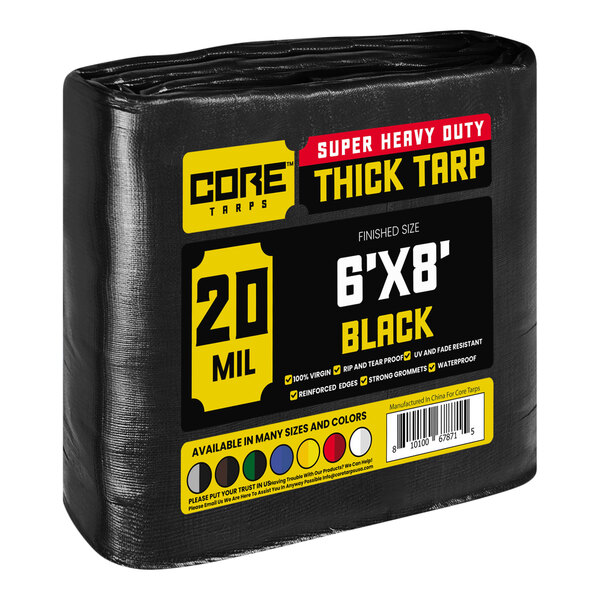A black Core Extreme Heavy-Duty Weatherproof Poly Tarp with yellow and blue labels.