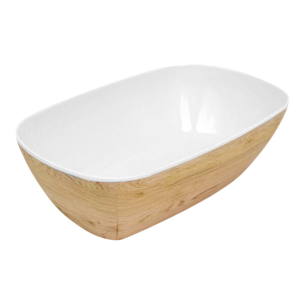 A white wood melamine crock with a white bowl and rim.