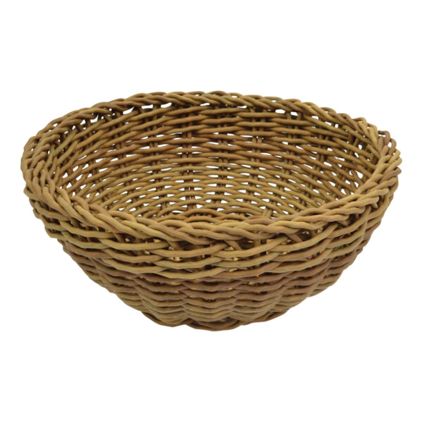 A Dalebrook brown round melamine wicker basket with a handle.