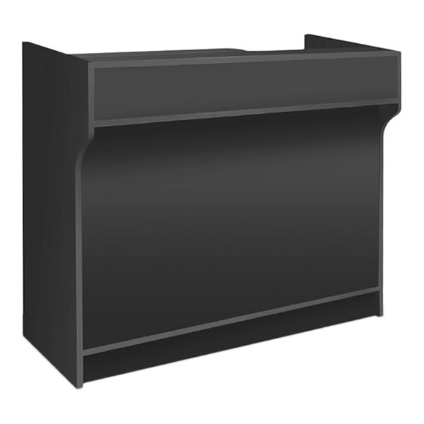 A black Ledgetop cash wrap counter with a shelf on top.