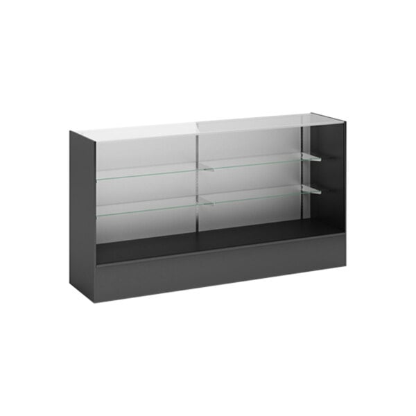 A black Full Vision display showcase with glass shelves.