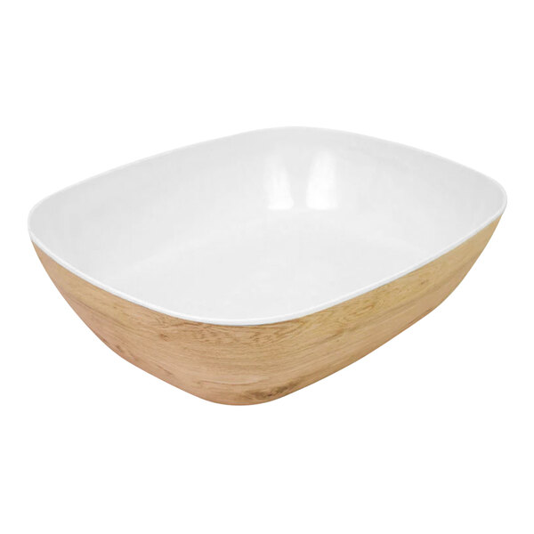 A white bowl with a wood base.