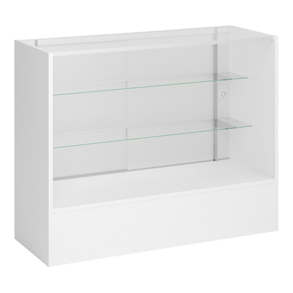 A white full vision display showcase with glass shelves.