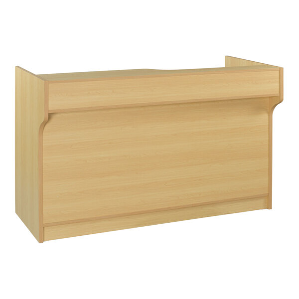 A Maple Ledgetop Cash Wrap Counter with a wooden shelf.
