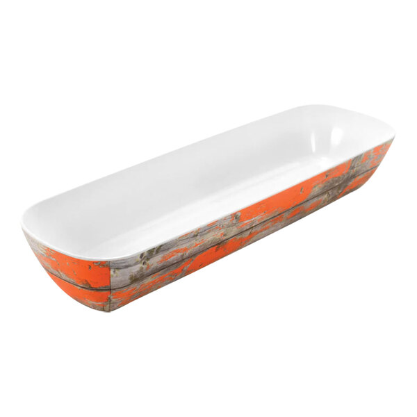 A white and orange rectangular bowl.