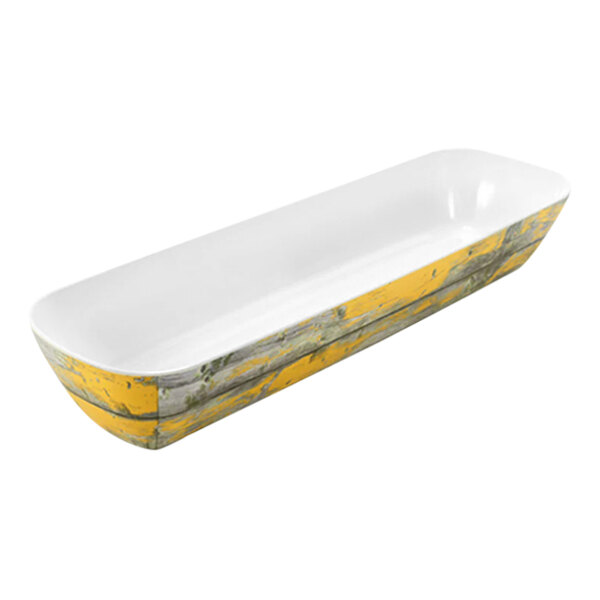 A rectangular white and yellow Dalebrook melamine crock with yellow stripes.