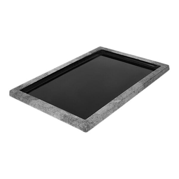 A rectangular black melamine tray with a gray border.