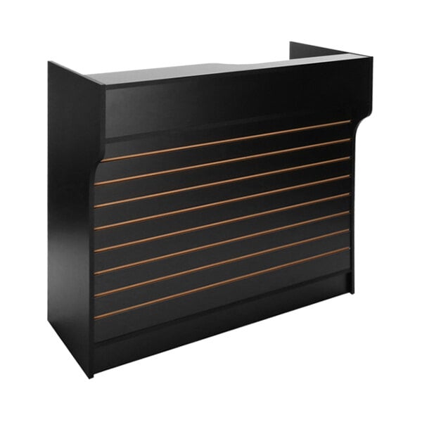 A black cash register counter with slatwall front.