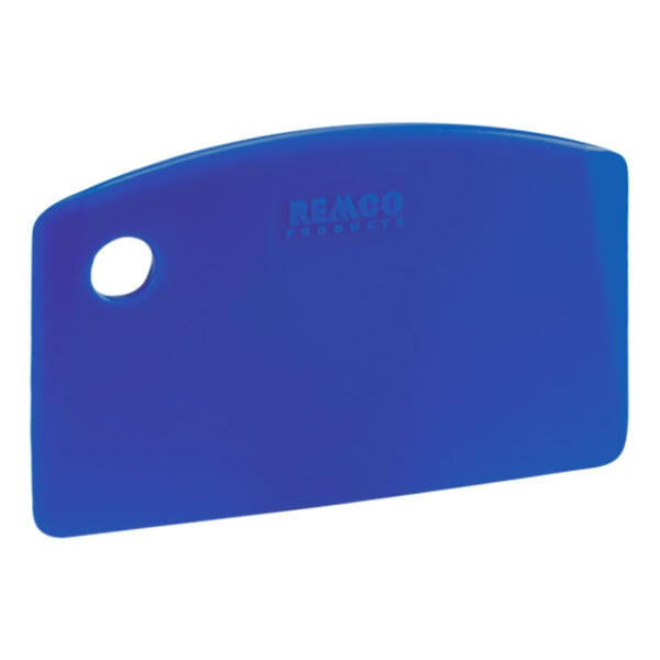 A white circle on a blue background with blue text reading "Remco 5" Blue Polypropylene Mini Bench / Bowl Scraper 69593"