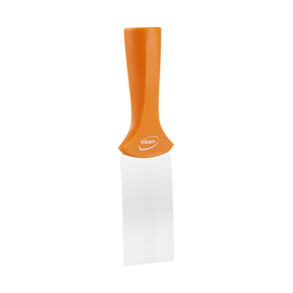 A Vikan stainless steel scraper with an orange handle.