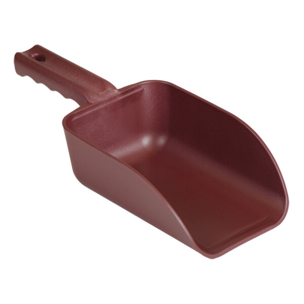 A red Remco metal detectable polypropylene hand scoop with a handle.
