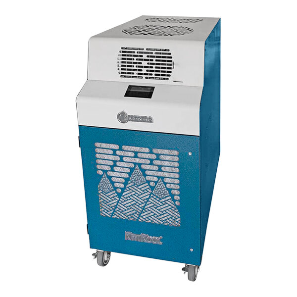 A blue and white Kwikool Iceberg Series portable air conditioner.
