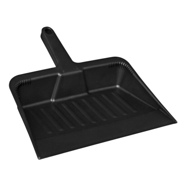 A black plastic Remco dustpan with a handle.