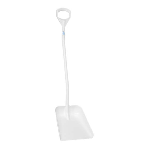 A white shovel with a long handle.