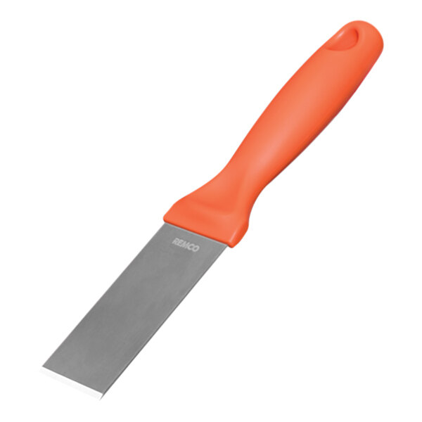 A close-up of a Remco stainless steel scraper with an orange handle.
