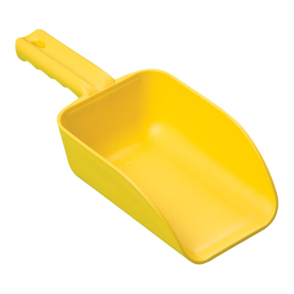 A yellow plastic Remco hand scoop with a handle.