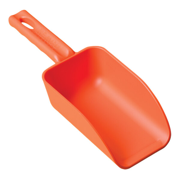 A Remco orange polypropylene hand scoop with a hole in the handle.
