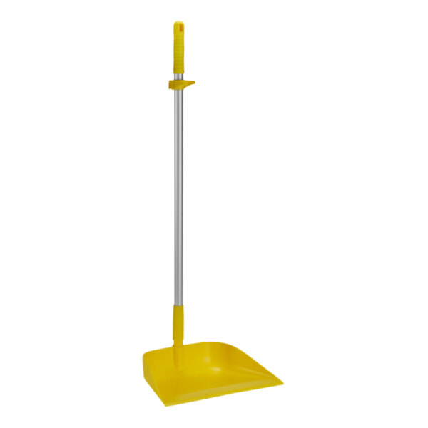 A yellow Vikan dustpan with a long handle.