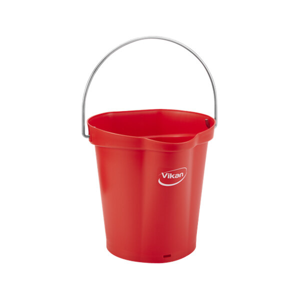 A red Vikan bucket with a handle.