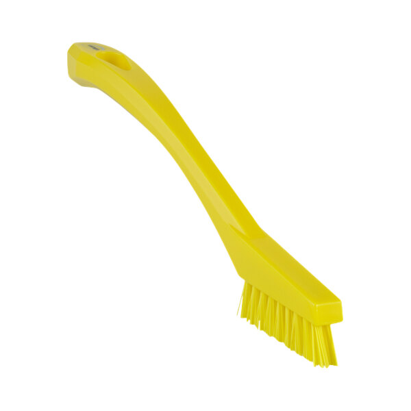 A close-up of a Vikan yellow detail brush with bristles and a handle.